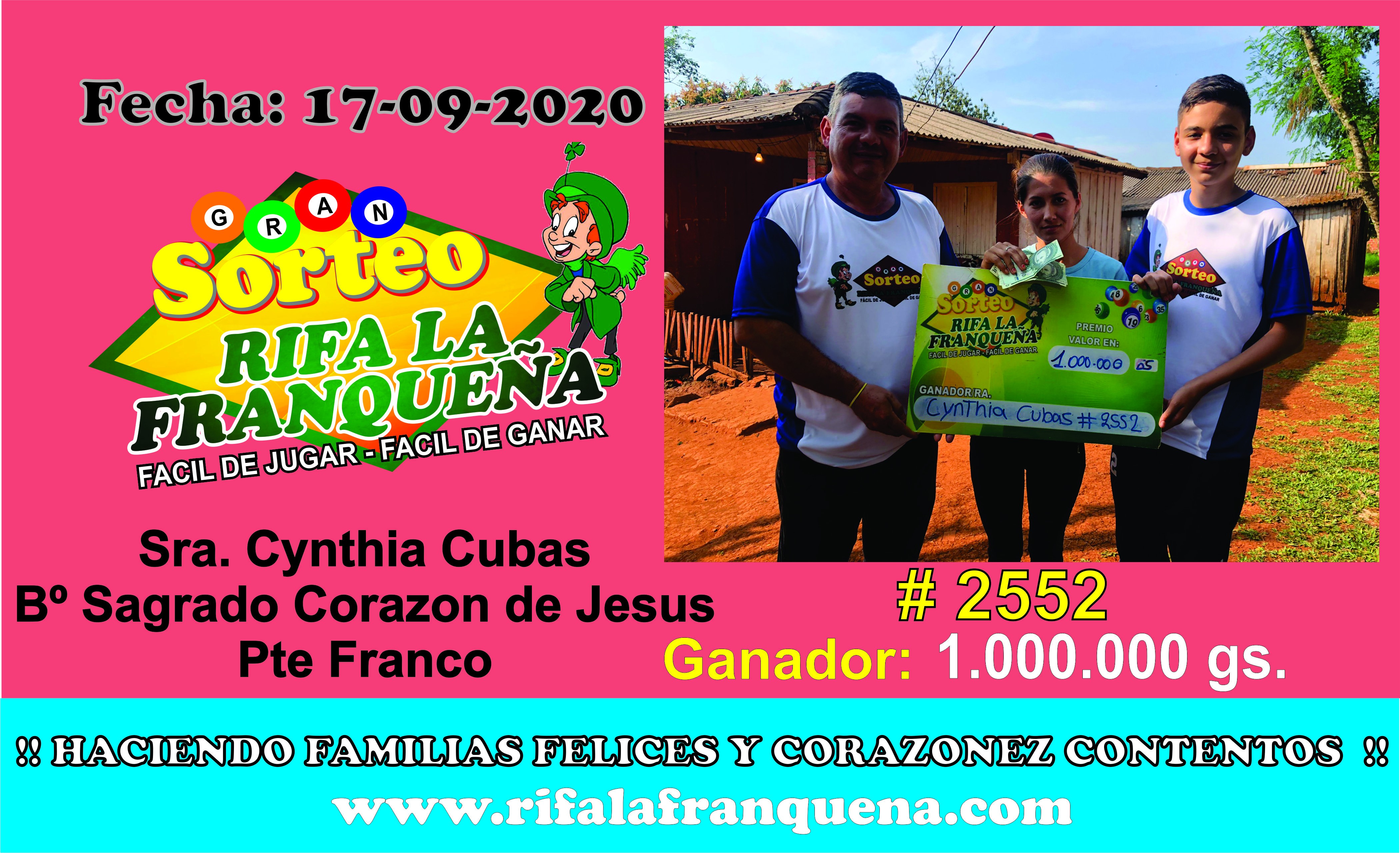 Aquí le presentamos al ganador de los 1.000.000 Gs LA SEÑORA CYNTHIA CUBAS DEL BARRIO SAGRADO CORAZON  con el # 2552   que esperas tu serás el Próximo ganador haciendo Familia felices y corazones contento 🍀💎