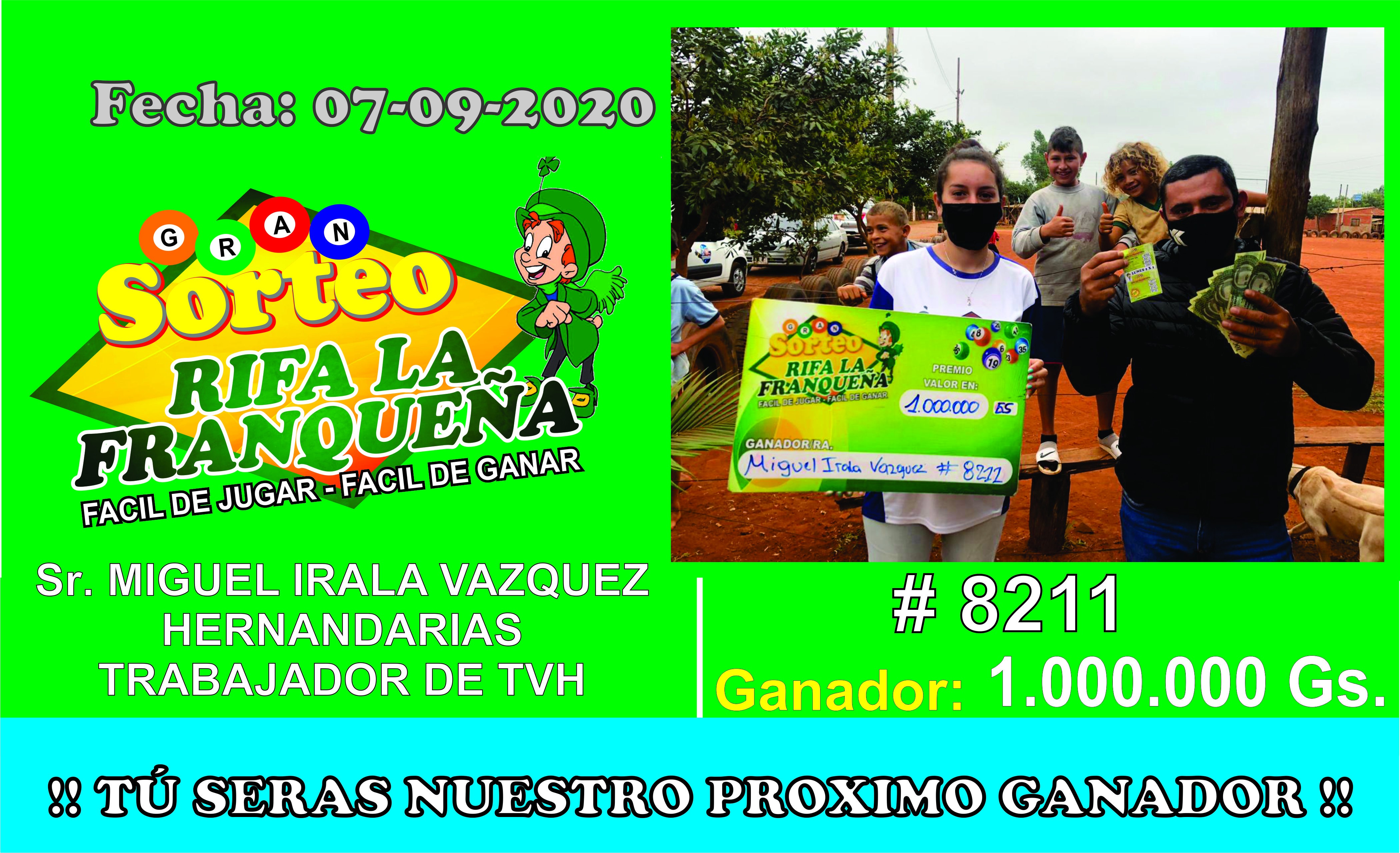 ATENCION aquí le presentamos al ganador de los 1.000.000 Gs el señor MIGUEL IRALA VAZQUEZ con el # 8211 trabajador de TVH CABLES HERNANDARIAS  que esperas tu serás el Próximo GANADOR DE RIFA LA FRANQUEÑA 