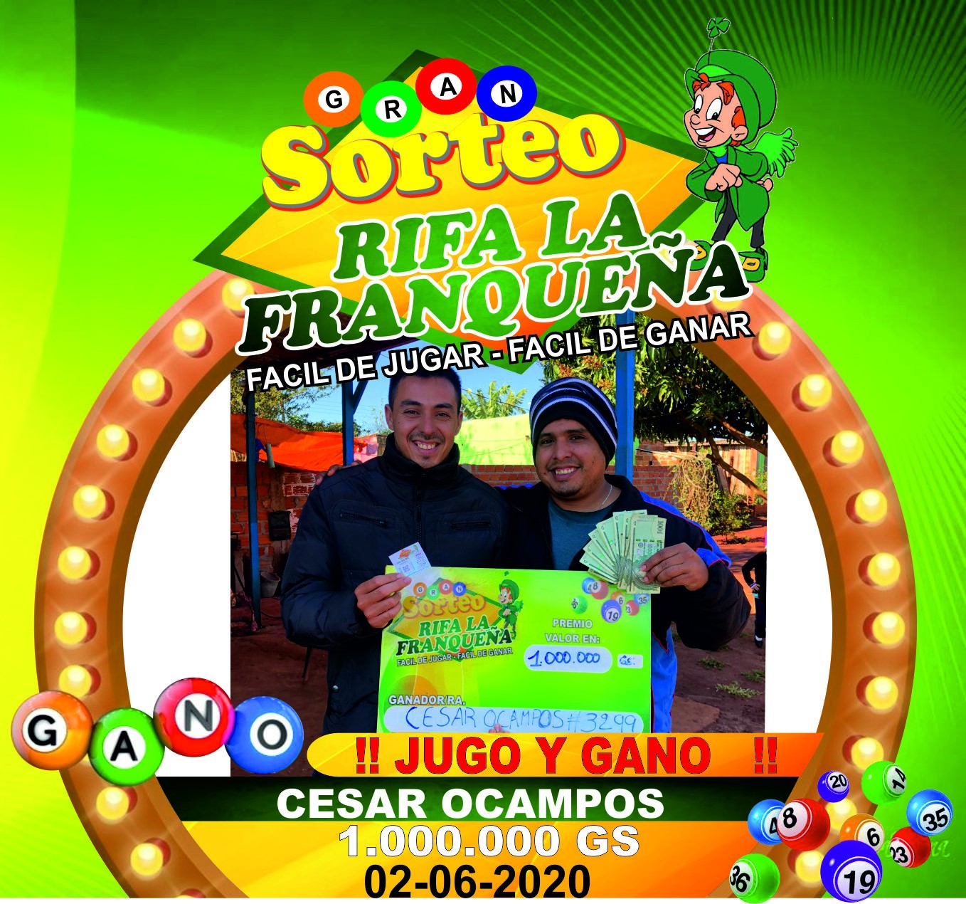 FELICITACIONES JUGO Y GANO LA SEÑOR CESAR OCAMPOS  SE GANAN TREMENDO PREMIO DE 1.000.000 GS. ESTA UBICADO EN EN KM 7 MONDAY MUCHAS GRACIAS POR SU CONFIANZA UNA VEZ MÁS HACIENDO FAMILIA FELICES Y CORAZONES CONTENTOS 02-06-2020