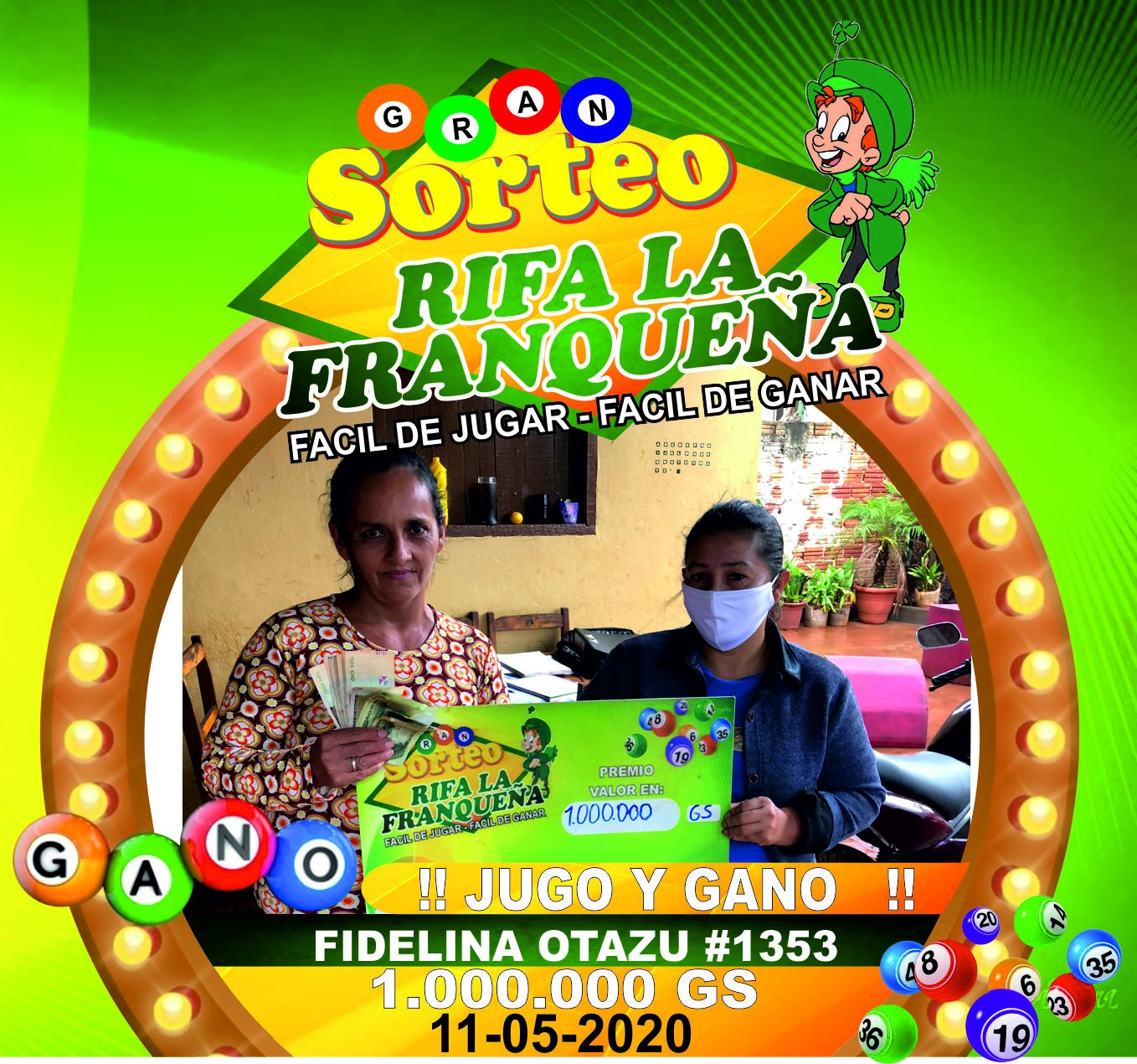FELICITACIONES JUGO Y GANO EL SEÑORA FIDELINA OTAZU  SE GANAN TREMENDO PREMIO DE 1.000.000 GS. EL ESTA UBICADO EN EN PDTE FRANCO BARRIO SAN SEBASTIAN  MUCHAS GRACIAS POR SU CONFIANZA UNA VEZ MÁS HACIENDO FAMILIA FELICES Y CORAZONES CONTENTOS 11-05.2020