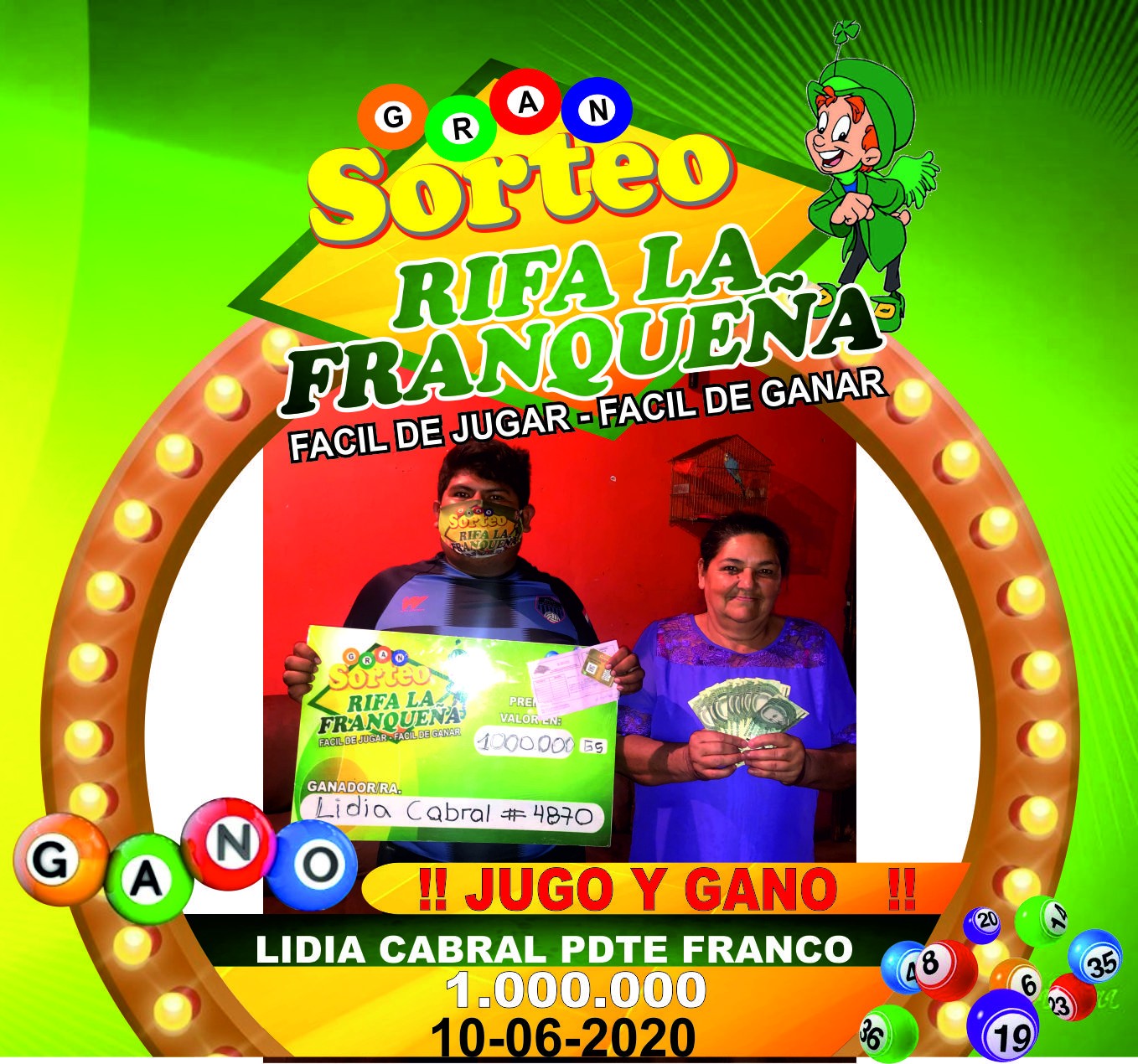 FELICITACIONES JUGO Y GANO LA SEÑORA LIDIA CABRAL SE GANAN TREMENDO PREMIO DE 1.000.000 GS. ESTA UBICADO EN PDTE FRANCO SECCIONAL Nº 12 MUCHAS GRACIAS POR SU CONFIANZA UNA VEZ MÁS HACIENDO FAMILIA FELICES Y CORAZONES CONTENTOS 10-06-2020