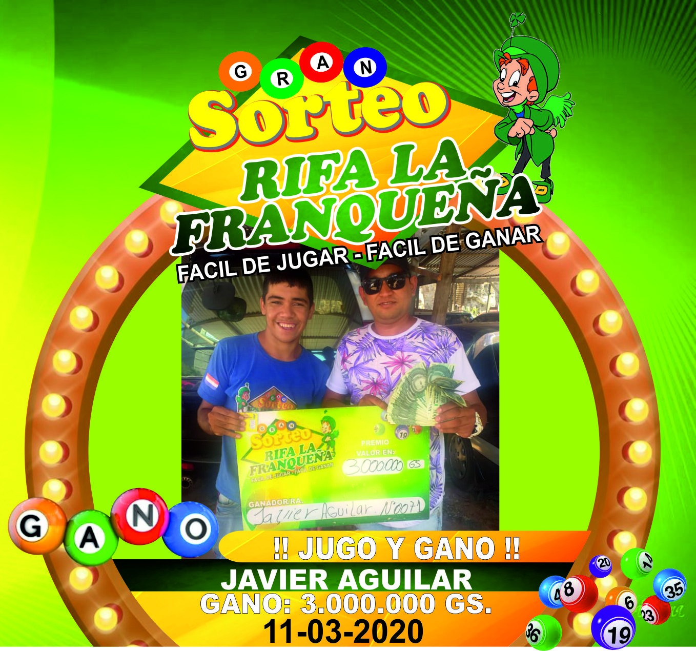 MOSTRANDO TRANSPARENCIA GANADORES DEL DÍA MIÉRCOLES “RIFA LA FRANQUEÑA AL SEÑOR JAVIER AGUILAR # 0071    ” sumándose a la largas lista SE GANAN 3.000.000 VENDEDOR CESAR BARRIOS  🍀  felicidades 🎉 💪👏💪💎💎 RIFA LA FRANQUEÑA LA QUE