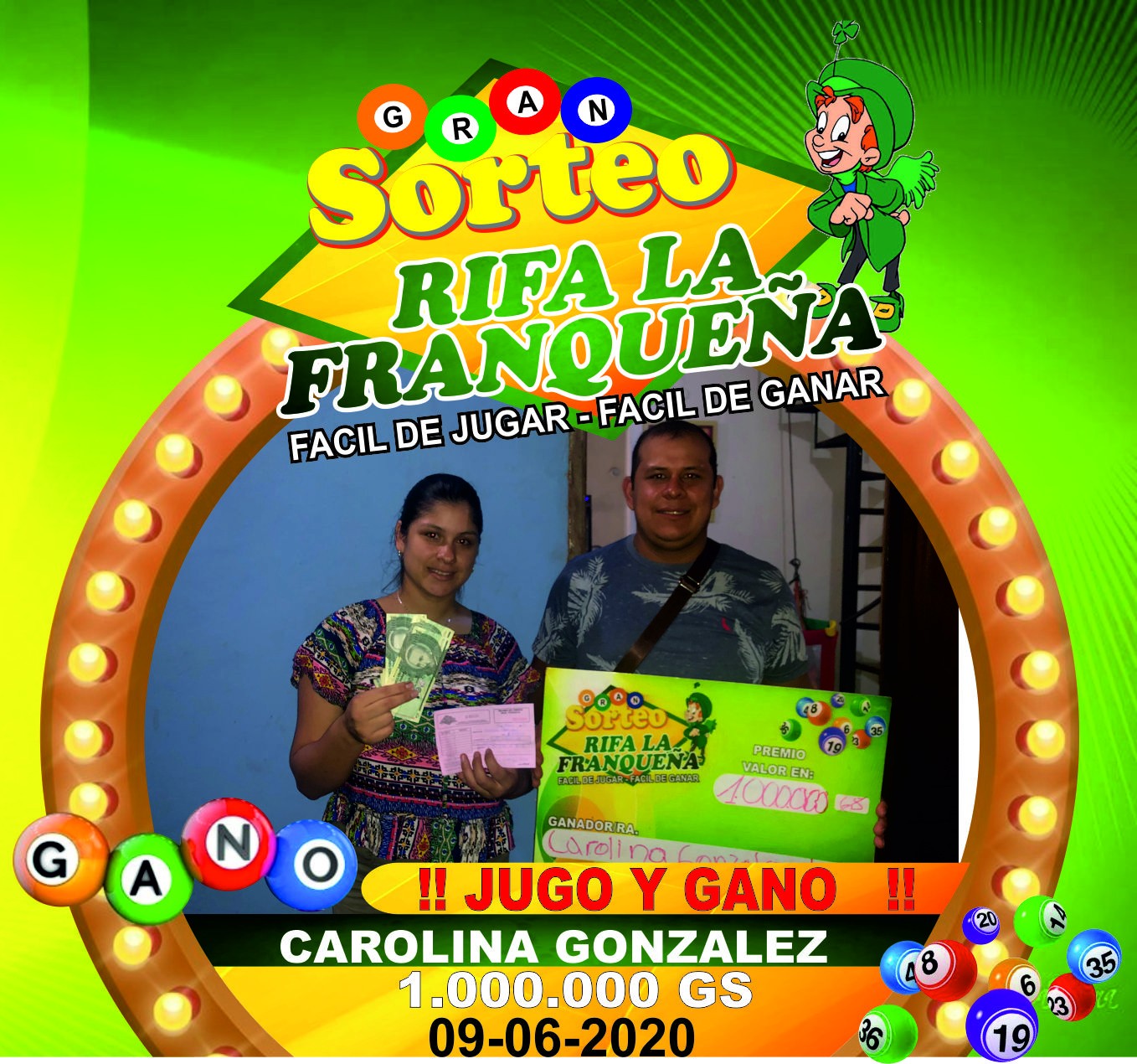 FELICITACIONES JUGO Y GANO LA SEÑORA CAROLINA GONZALEZ  SE GANAN TREMENDO PREMIO DE 1.000.000 GS. ESTA UBICADO EN PDTE FRANCO BARRIO SANTA INES MUCHAS GRACIAS POR SU CONFIANZA UNA VEZ MÁS HACIENDO FAMILIA FELICES Y CORAZONES CONTENTOS 09-06-2020